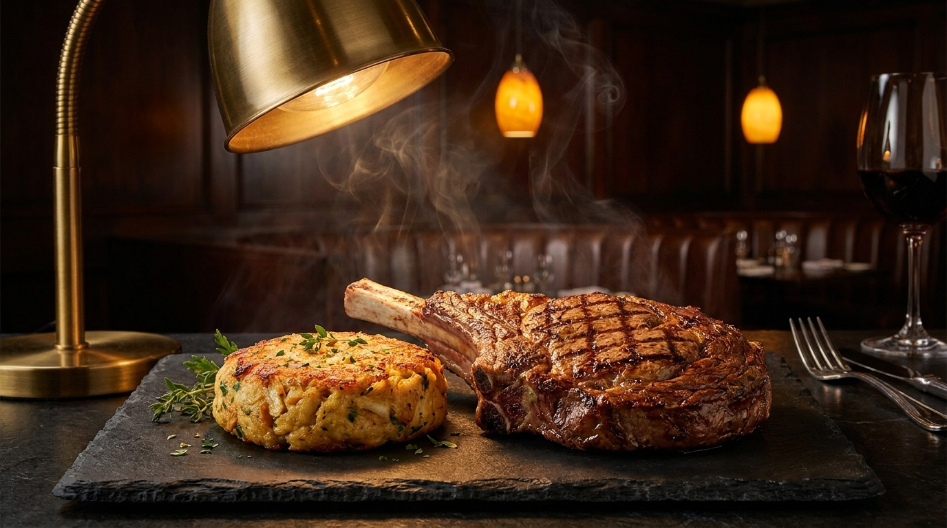 Seared crab cake and grilled ribeye